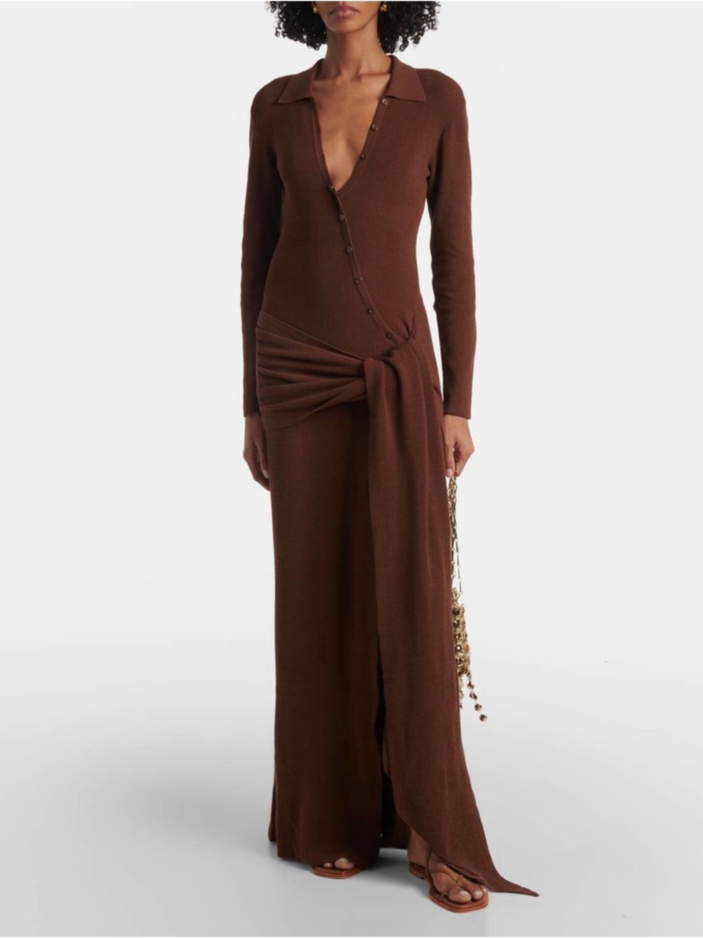 Aya Muse Brown Maxi Knit Dress with Draped Knot